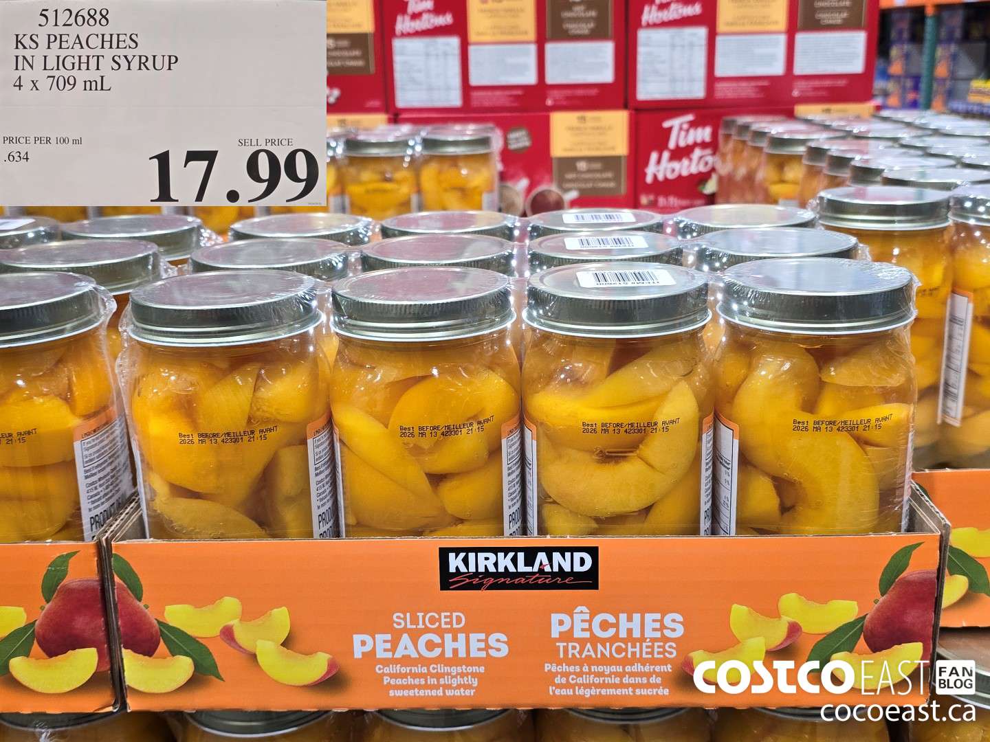 512688 KS PEACHES IN LIGHT SYRUP 4 X 709 ML $17.99
