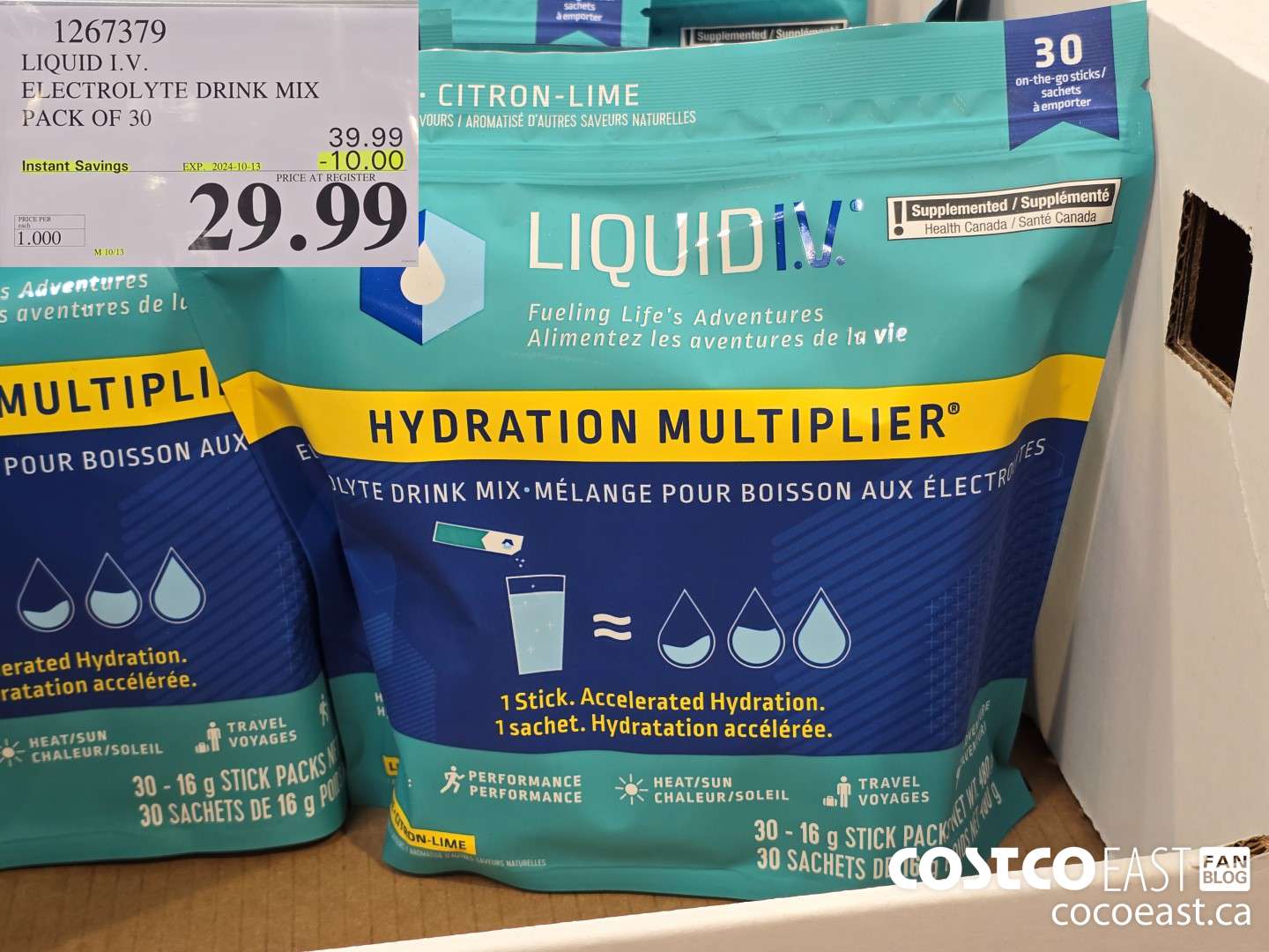 1267379 LIQUID I.V. ELECTROLYTE DRINK MIX PACK OF 30 ($10.00 INSTANT SAVINGS EXPIRES ON 2024-10-13) $29.99