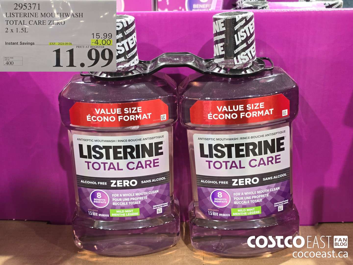 295371 LISTERINE MOUTHWASH TOTAL CARE ZERO 2 X 1.5L ($4.00 INSTANT SAVINGS EXPIRES ON 2024-09-08) $11.99