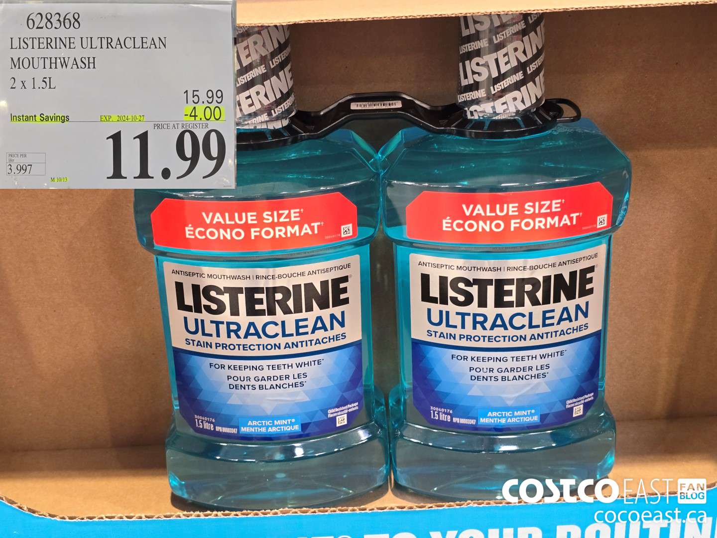 625368 LISTERINE ULTRACLEAN MOUTHWASH 2 X 1.5 L ($4.00 INSTANT SAVINGS EXPIRES ON 2024-10-27) $11.99