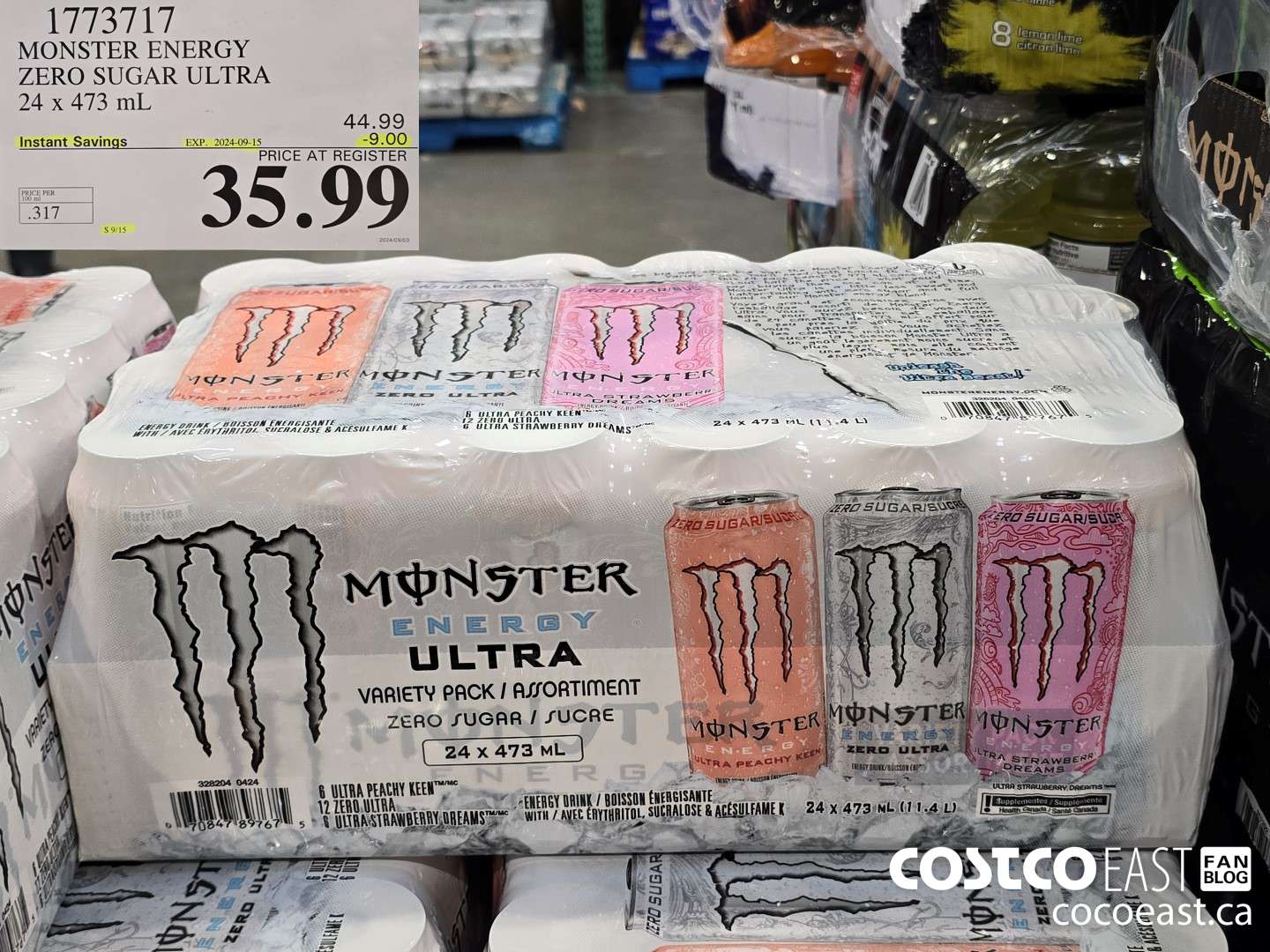1773717 MONSTER ENERGY ZERO SUGAR ULTRA 24 X 473 ML ($9.00 INSTANT SAVINGS EXPIRES ON 2024-09-15) $35.99