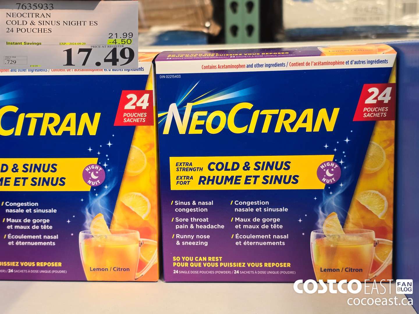 7635933 NEOCITRAN COLD & SINUS NIGHT ES 24 POUCHES ($4.50 INSTANT SAVINGS EXPIRES ON 2024-09-29) $17.49