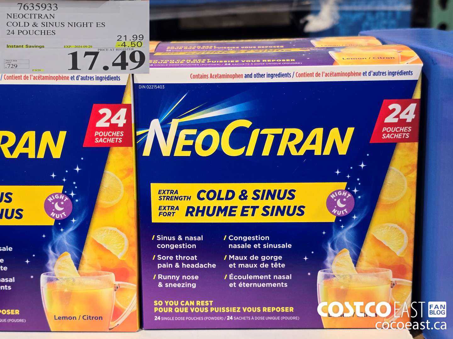 7635933 NEOCITRAN COLD & SINUS NIGHT ES 24 POUCHES ($4.50 INSTANT SAVINGS EXPIRES ON 2024-09-29) $17.49