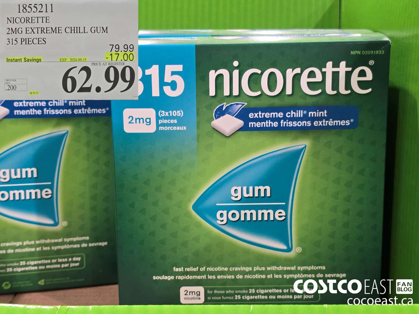 1855211 NICORETTE 2MG EXTREME CHILL GUM 315 PIECES ($17.00 INSTANT SAVINGS EXPIRES ON 2024-09-15) $62.99