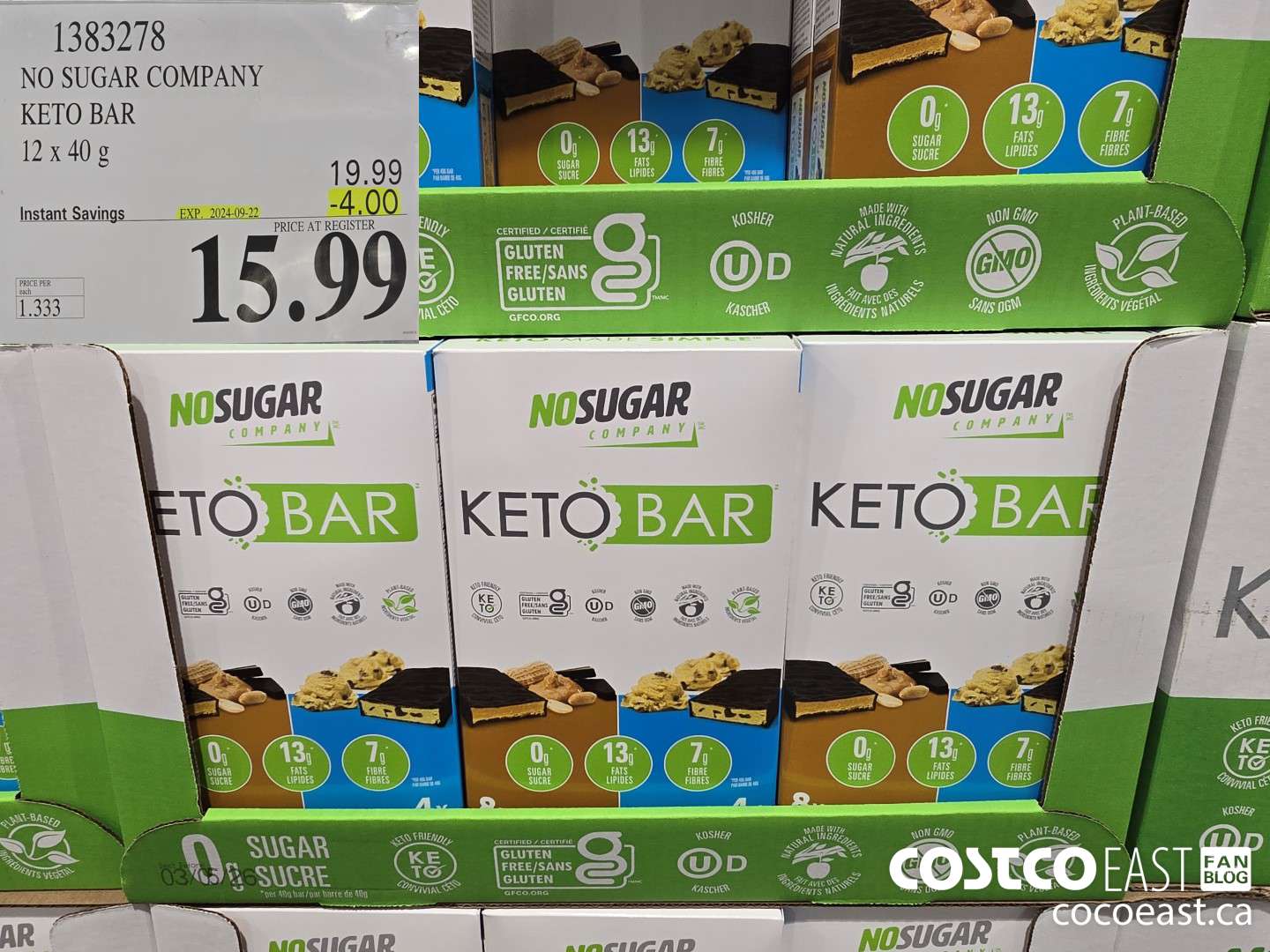 1383278 NO SUGAR COMPANY NO SUGAR KETO BARS 12 x 40g ($4.00 INSTANT SAVINGS EXPIRES ON 2024-09-22) $15.99