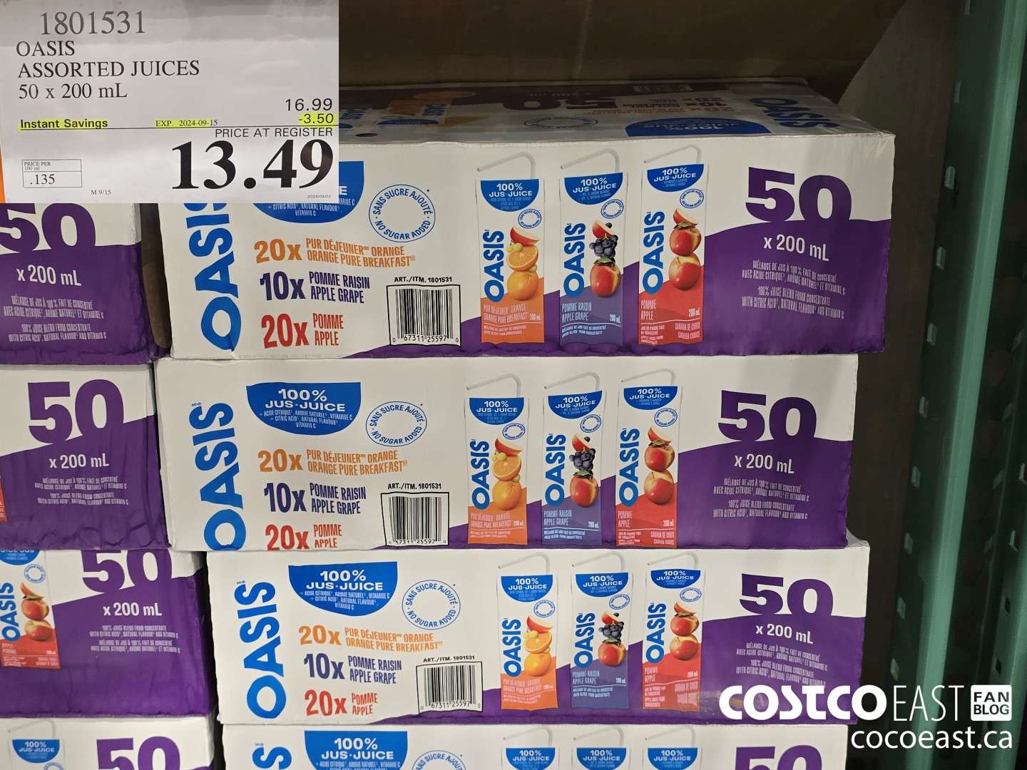 1801531 OASIS ASSORTED JUICES 50 x 200 mL ($3.50 INSTANT SAVINGS EXPIRES ON 2024-09-15) $13.49