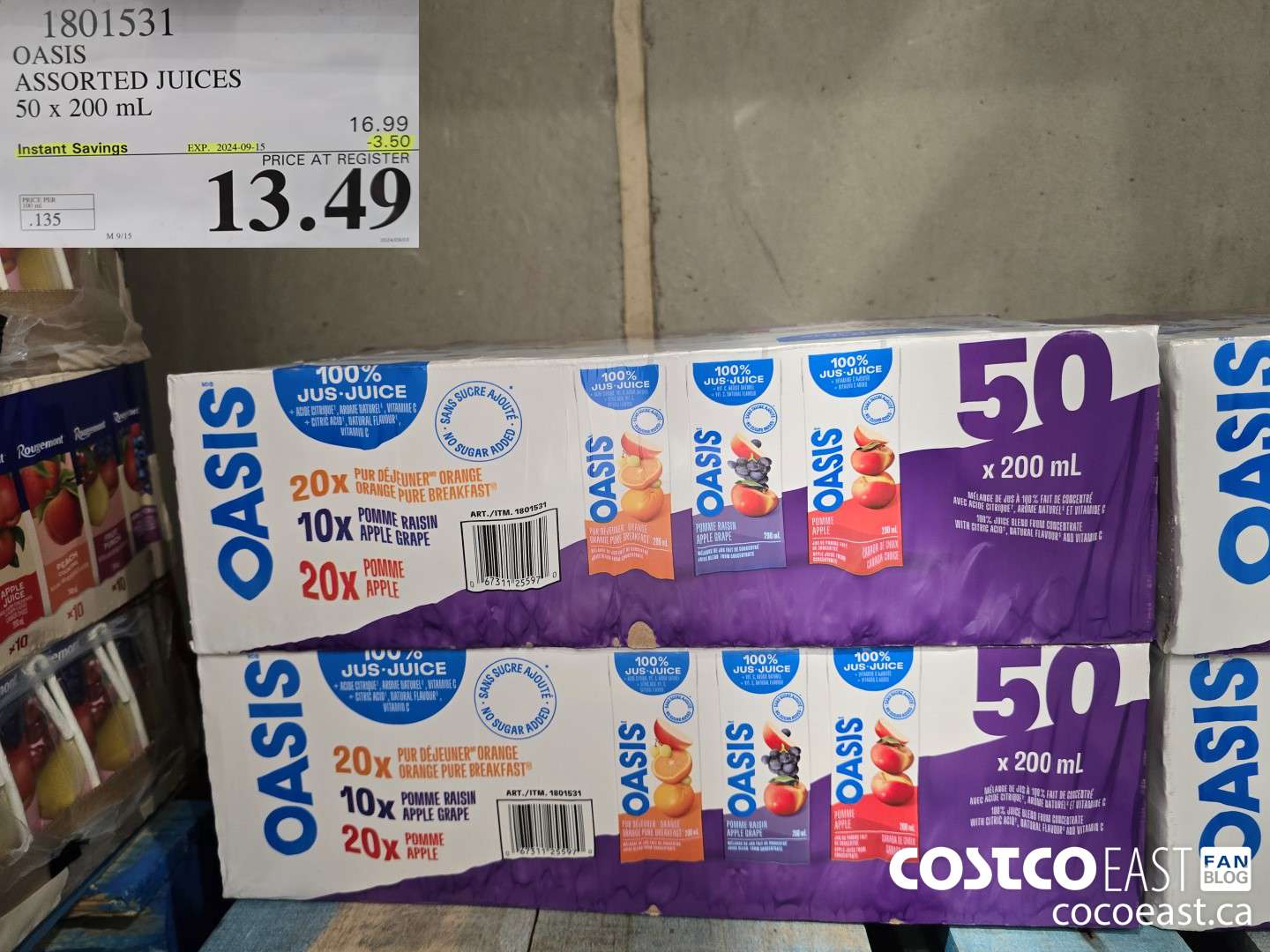 1801531 OASIS ASSORTED JUICES 50 x 200 mL ($3.50 INSTANT SAVINGS EXPIRES ON 2024-09-15) $13.49