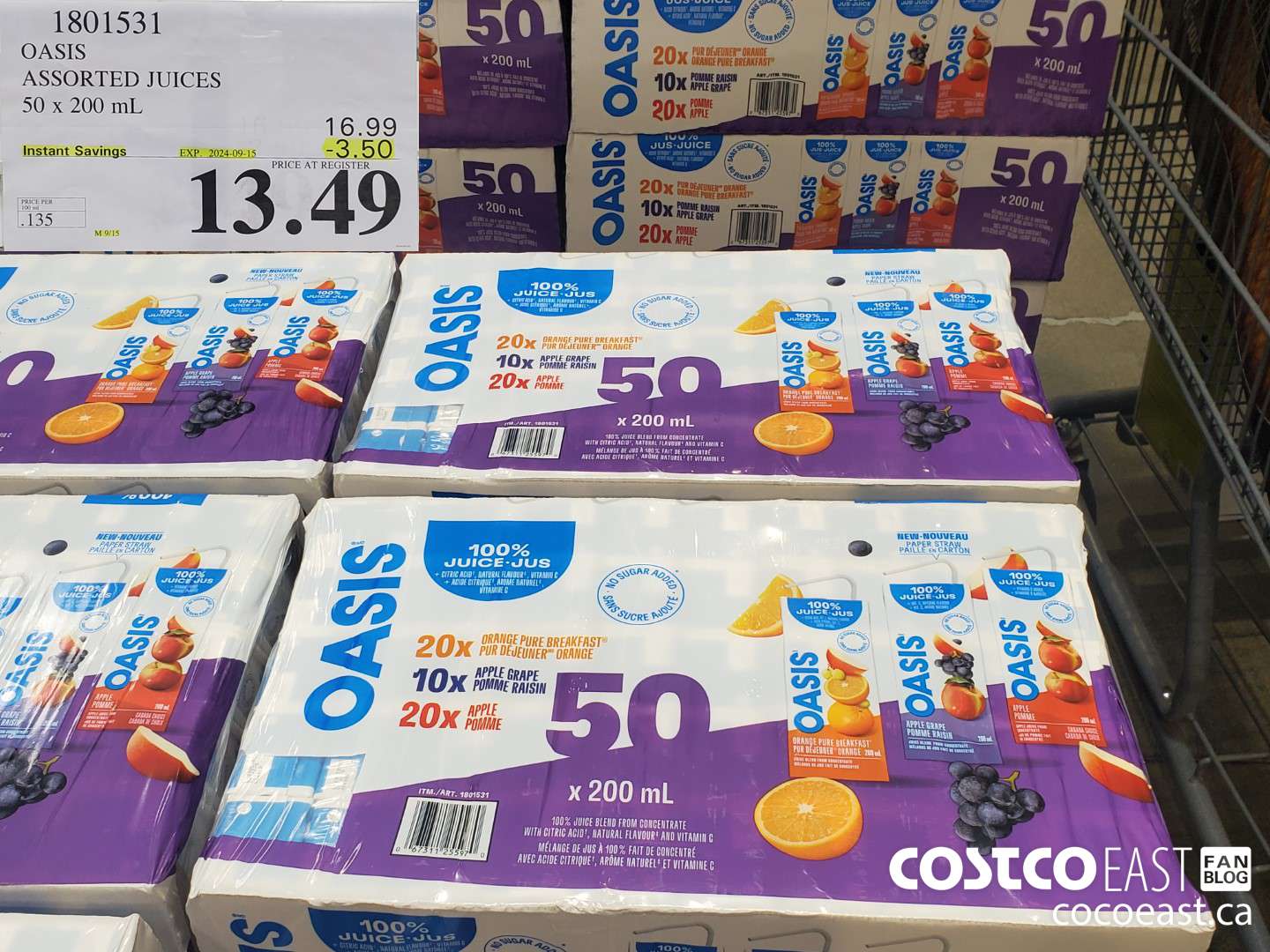 1801531 OASIS ASSORTED JUICES 5O x 200 mL  ($3.50 INSTANT SAVINGS EXPIRES ON 2024-09-15) $13.49