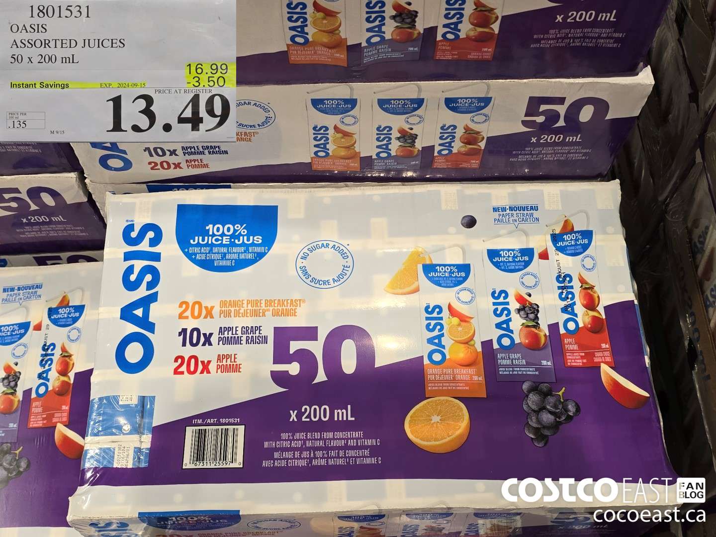 1801531 OASIS ASSORTED JUICES 5O x 200 mL  ($3.50 INSTANT SAVINGS EXPIRES ON 2024-09-15) $13.49