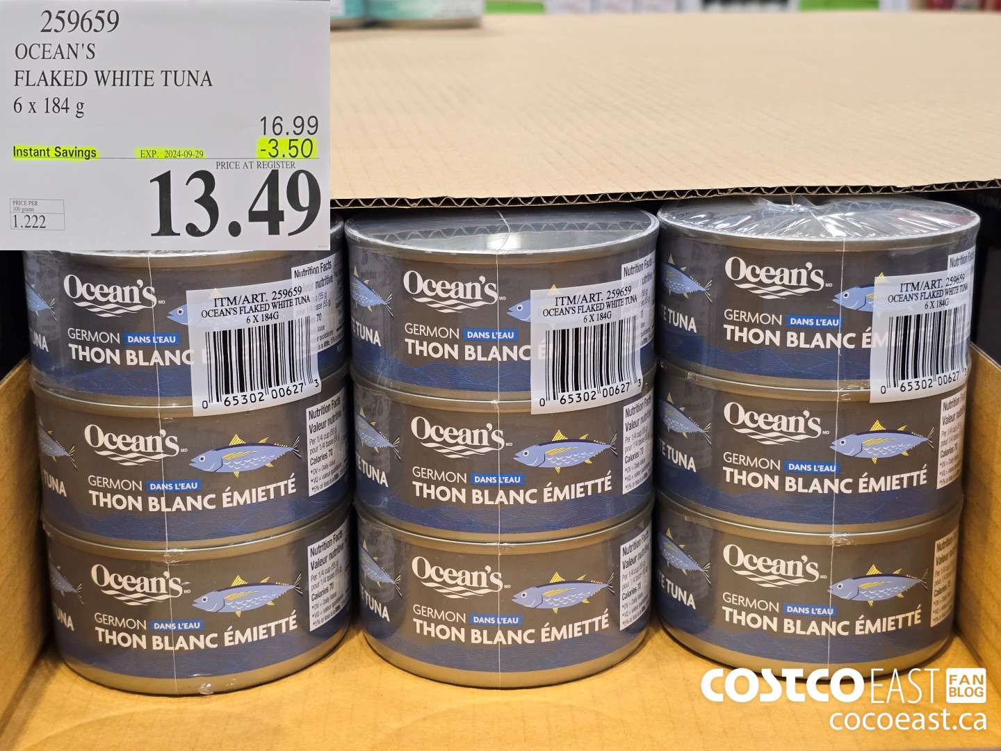 259659 OCEAN'S FLAKED WHITE TUNA 6 x 184 G ($3.50 INSTANT SAVINGS EXPIRES ON 2024-09-29) $13.49