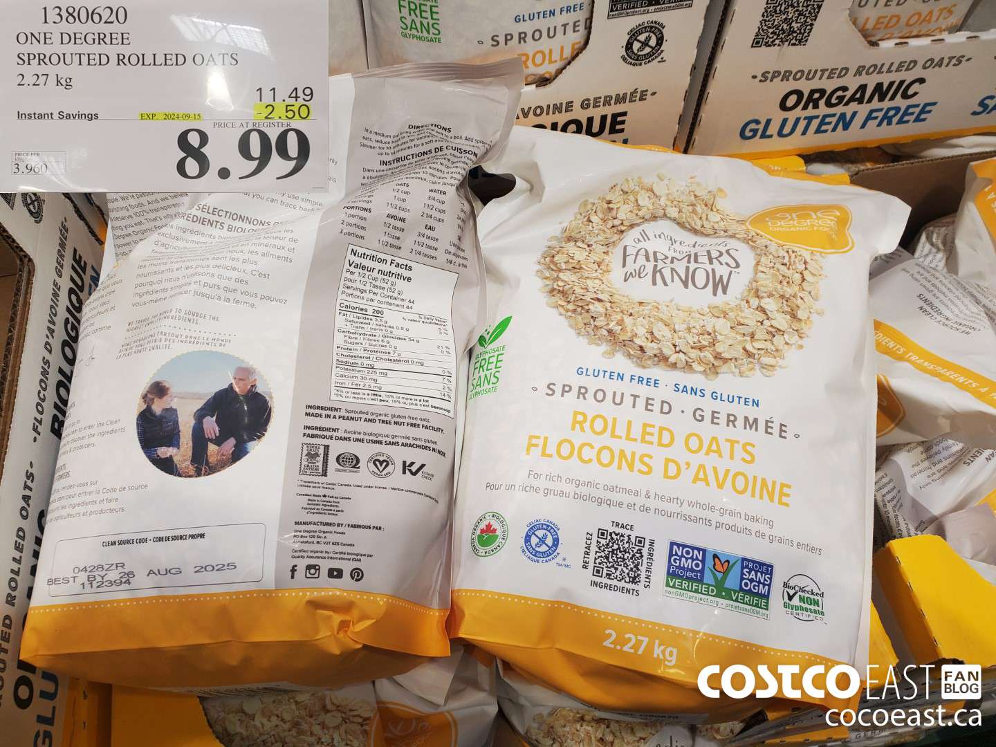 1380620 ONE DEGREE SPROUTED ROLLED OATS 2.27 KG ($2.50 INSTANT SAVINGS EXPIRES ON 2024-09-15) $8.99