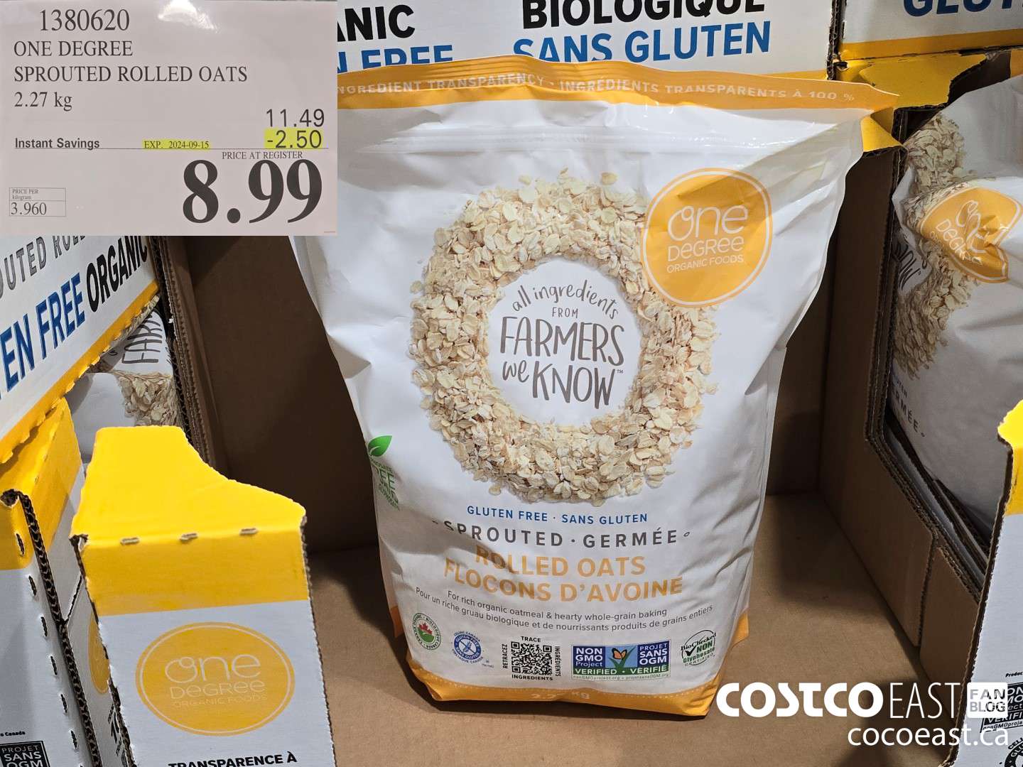 1380620 ONE DEGREE SPROUTED ROLLED OATS 2.27 KG ($2.50 INSTANT SAVINGS EXPIRES ON 2024-09-15) $8.99