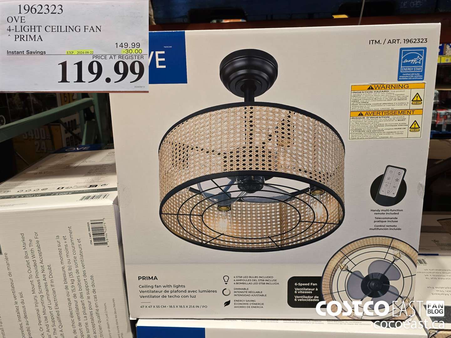 1962323 OVE 4-LIGHT CEILING FAN PRIMA ($30.00 INSTANT SAVINGS EXPIRES ON 2024-09-22) $119.99