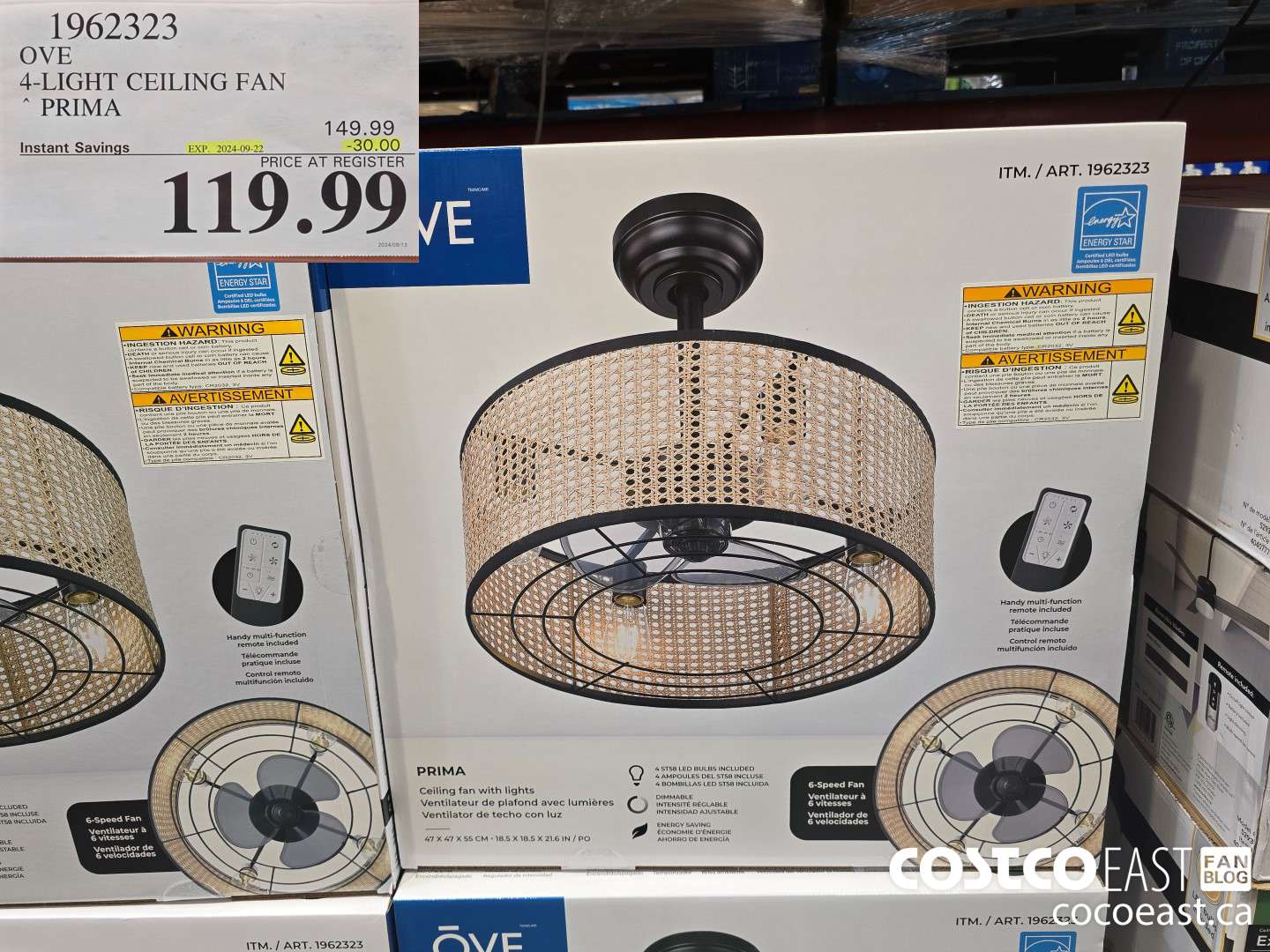 1962323 OVE 4-LIGHT CEILING FAN PRIMA ($30.00 INSTANT SAVINGS EXPIRES ON 2024-09-22) $119.99