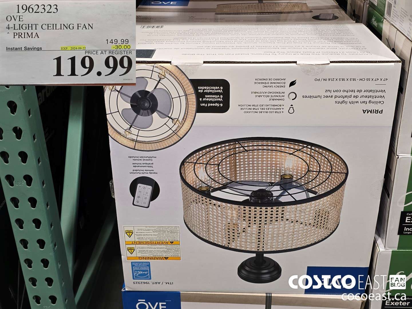 1962323 OVE 4-LIGHT CEILING FAN PRIMA ($30.00 INSTANT SAVINGS EXPIRES ON 2024-09-22) $119.99