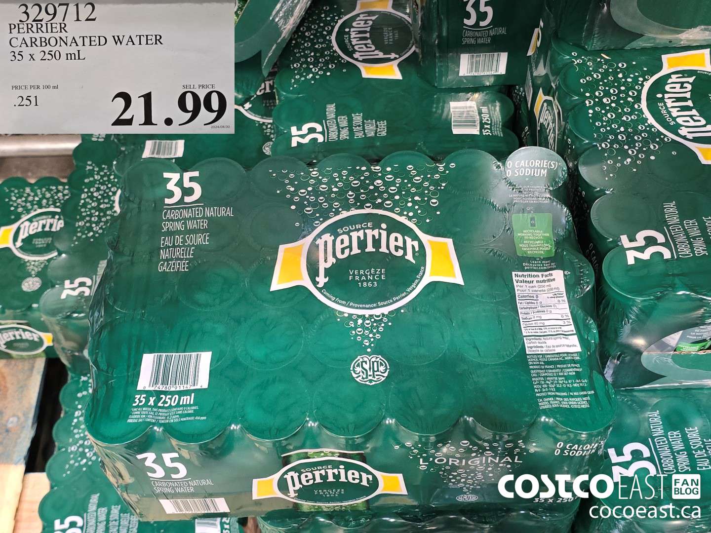 329712 PERRIER CARBONATED WATER 35 X 250 ML $21.99