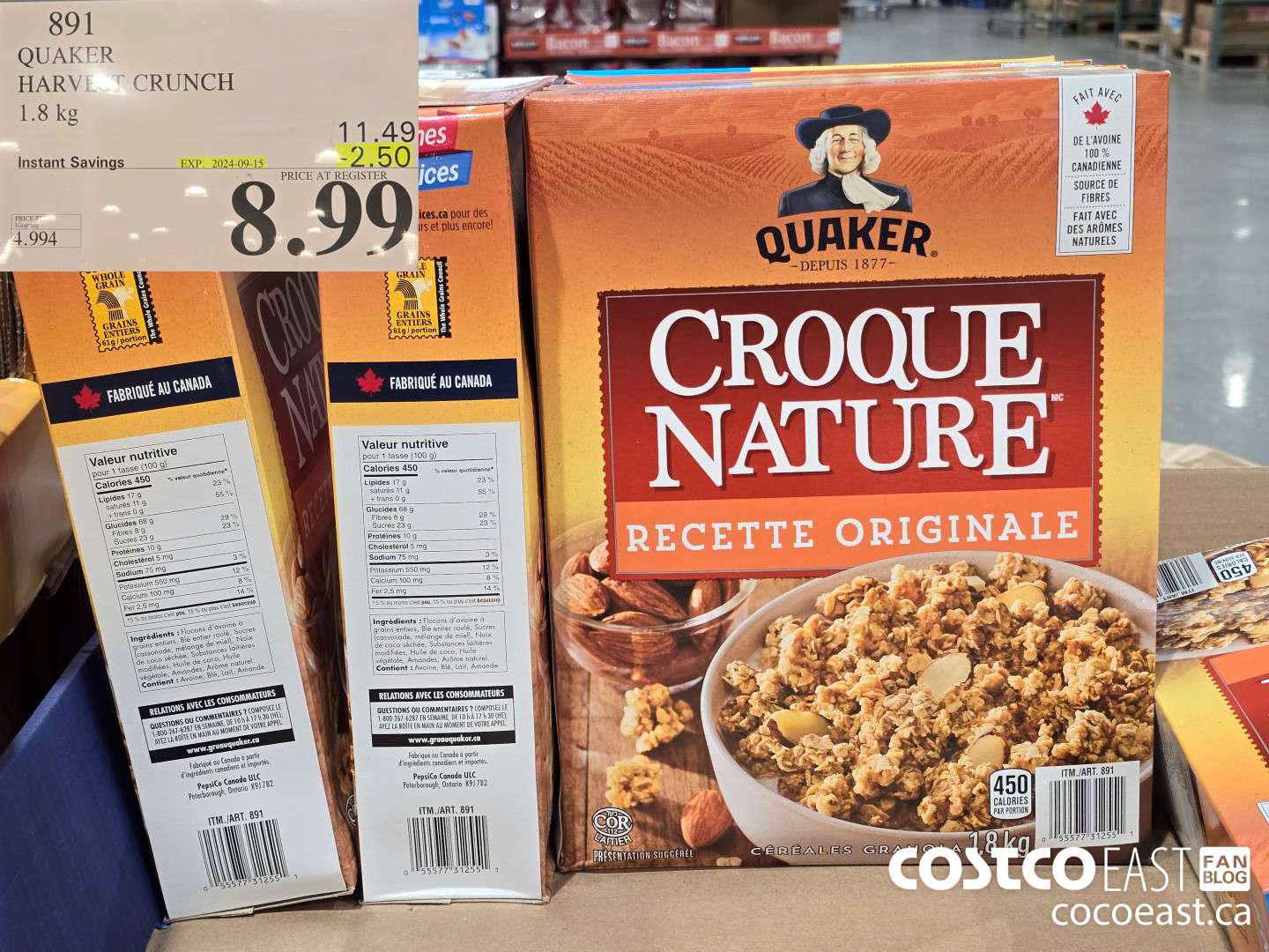 891 QUAKER HARVEST CRUNCH 1.8 kg ($2.50 INSTANT SAVINGS EXPIRES ON 2024-09-15) $8.99