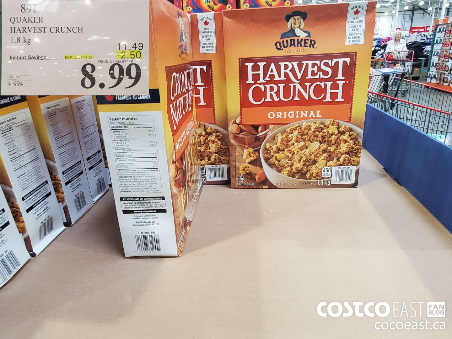 891 QUAKER HARVEST CRUNCH 1.8 kg  ($2.50 INSTANT SAVINGS EXPIRES ON 2024-09-15) $8.99