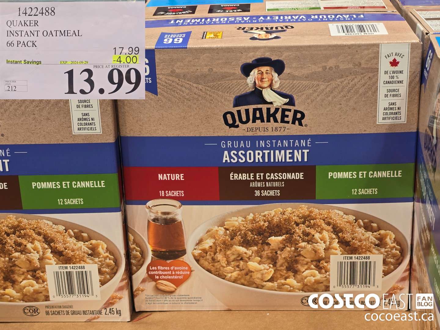 1422488 QUAKER INSTANT OATMEAL 66 PACK ($4.00 INSTANT SAVINGS EXPIRES ON 2024-09-29) $13.99
