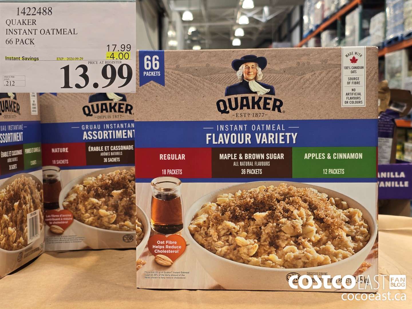 1422488 QUAKER INSTANT OATMEAL 66 PACK ($4.00 INSTANT SAVINGS EXPIRES ON 2024-09-29) $13.99