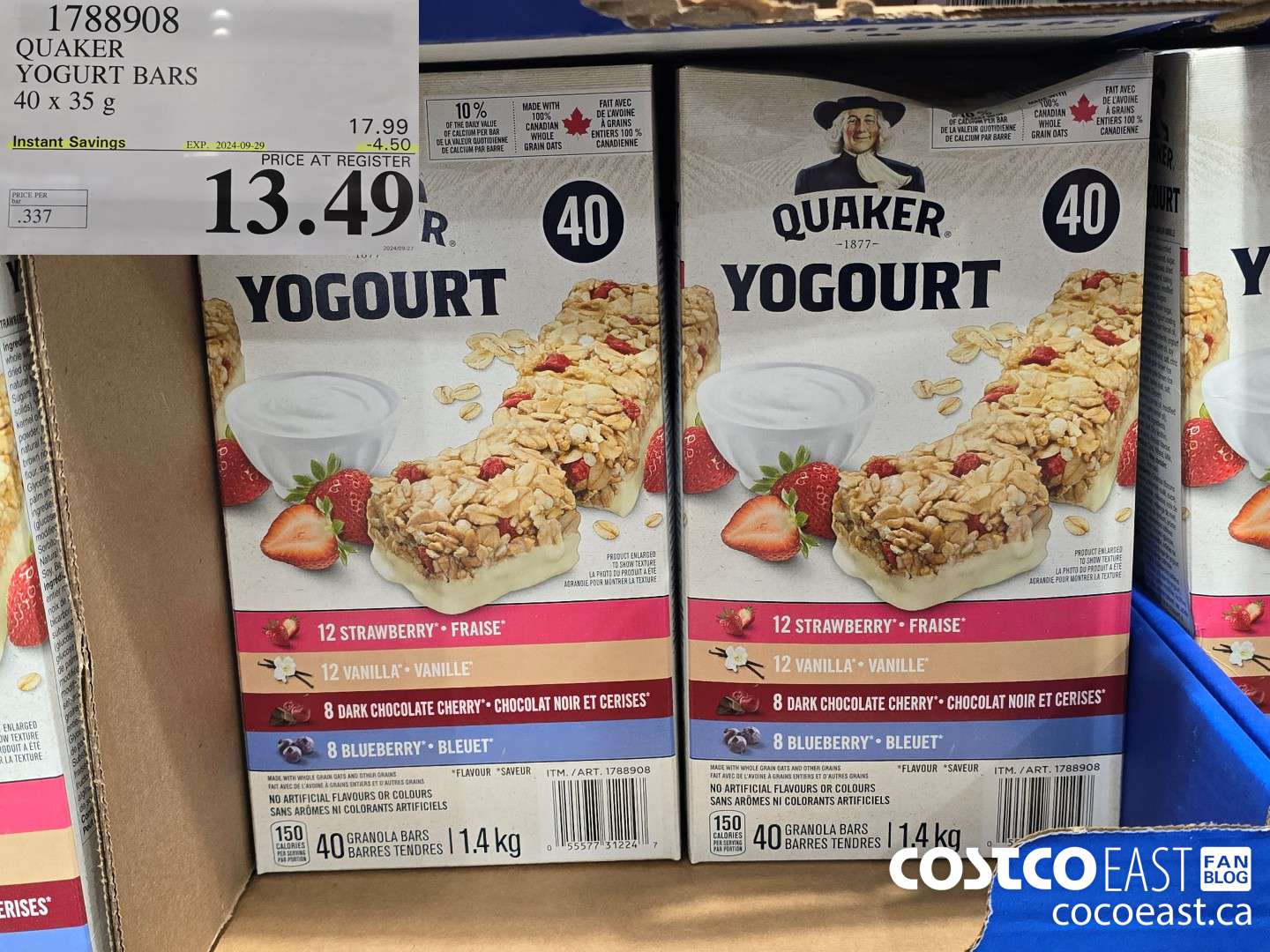 1788908 QUAKER YOGURT BARS 40 x 35g ($4.50 INSTANT SAVINGS EXPIRES ON 2024-09-29) $13.49