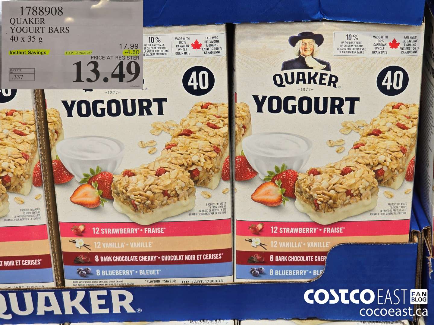 1788908 QUAKER YOGURT BARS 40 x 35g ($4.50 INSTANT SAVINGS EXPIRES ON 2024-10-27) $13.49