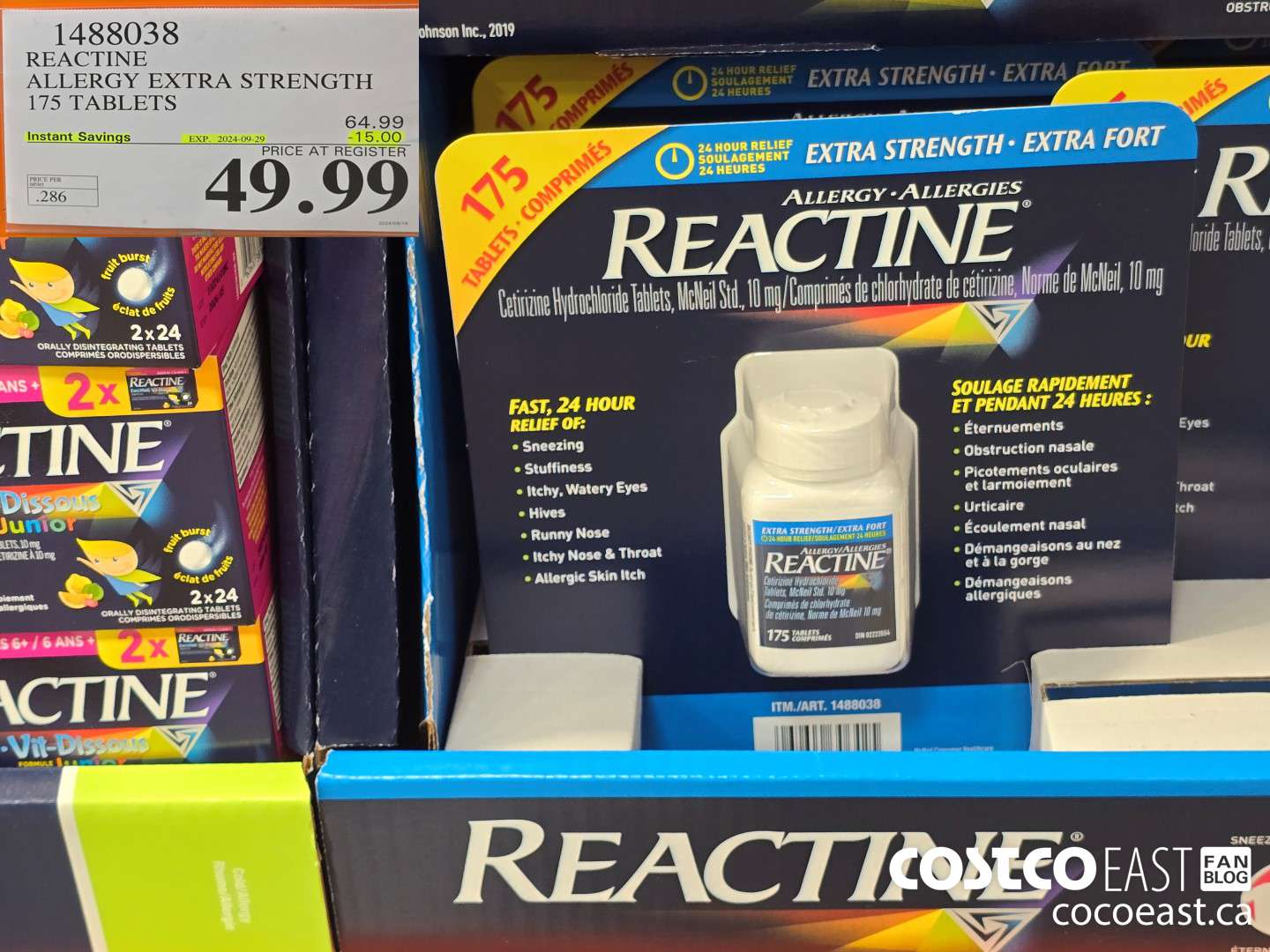 1488038 REACTINE ALLERGY EXTRA STRENGTH 175 TABLETS ($15.00 INSTANT SAVINGS EXPIRES ON 2024-09-29) $49.99