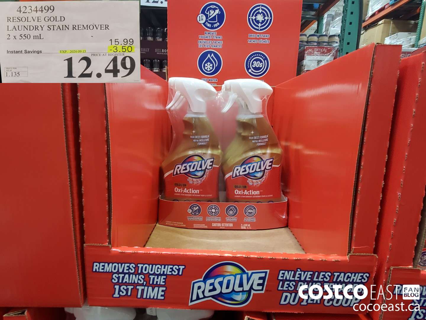 4234499 RESOLVE GOLD LAUNDRY STAIN REMOVER 2 x 550 mL ($3.50 INSTANT SAVINGS EXPIRES ON 2024-09-15) $12.49