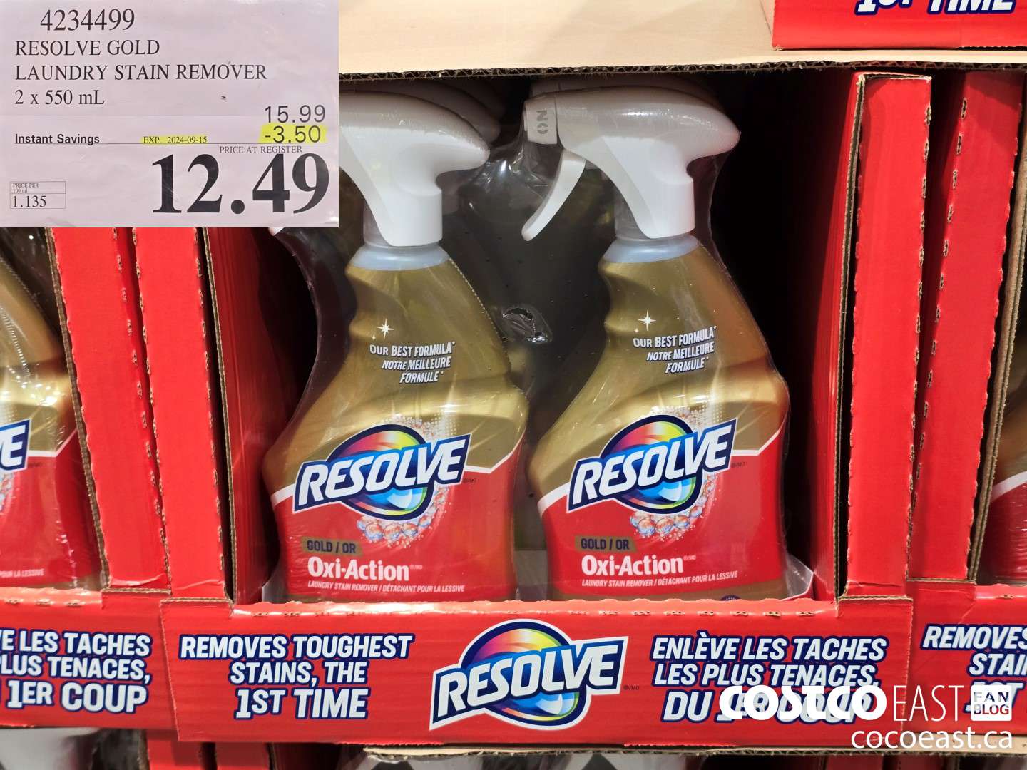 4234499 RESOLVE GOLD LAUNDRY STAIN REMOVER 2 x 550 mL ($3.50 INSTANT SAVINGS EXPIRES ON 2024-09-15) $12.49