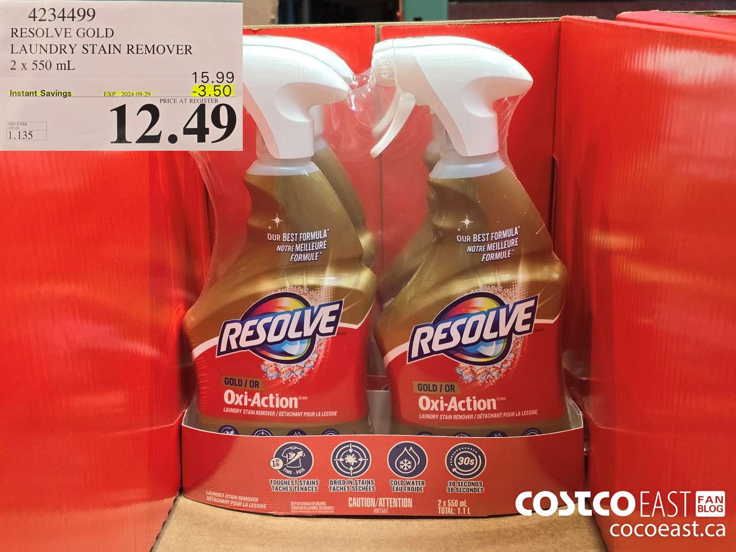 4234499 RESOLVE GOLD LAUNDRY STAIN REMOVER 2 x 550 mL ($3.50 INSTANT SAVINGS EXPIRES ON 2024-09-29) $12.49