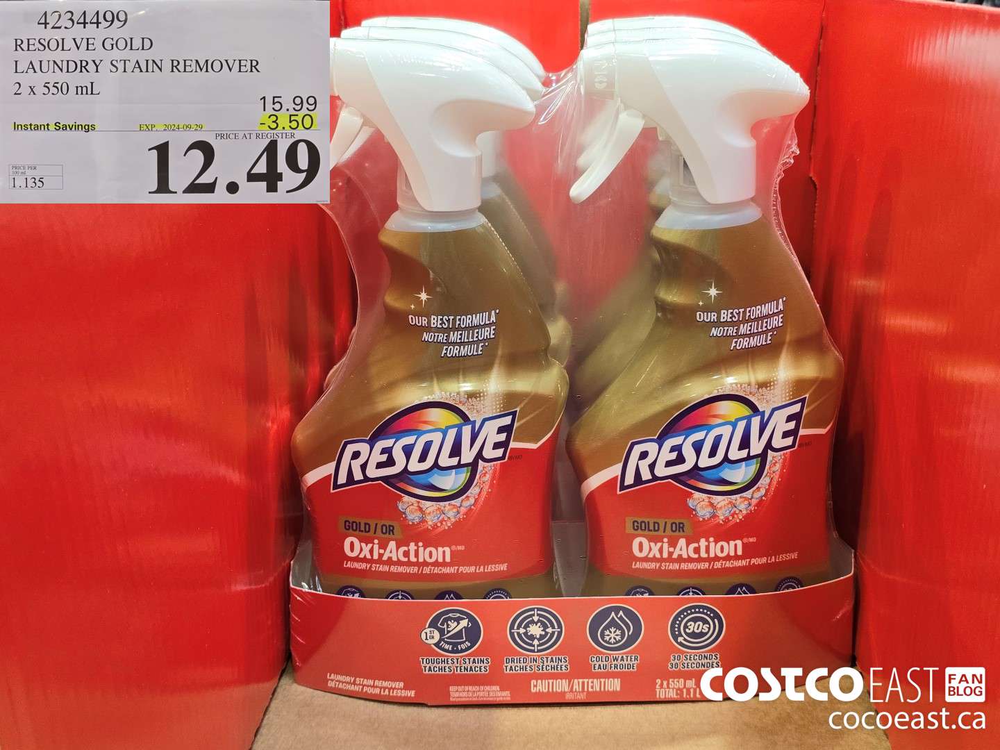 4234499 RESOLVE GOLD LAUNDRY STAIN REMOVER 2 x 550 mL ($3.50 INSTANT SAVINGS EXPIRES ON 2024-09-29) $12.49