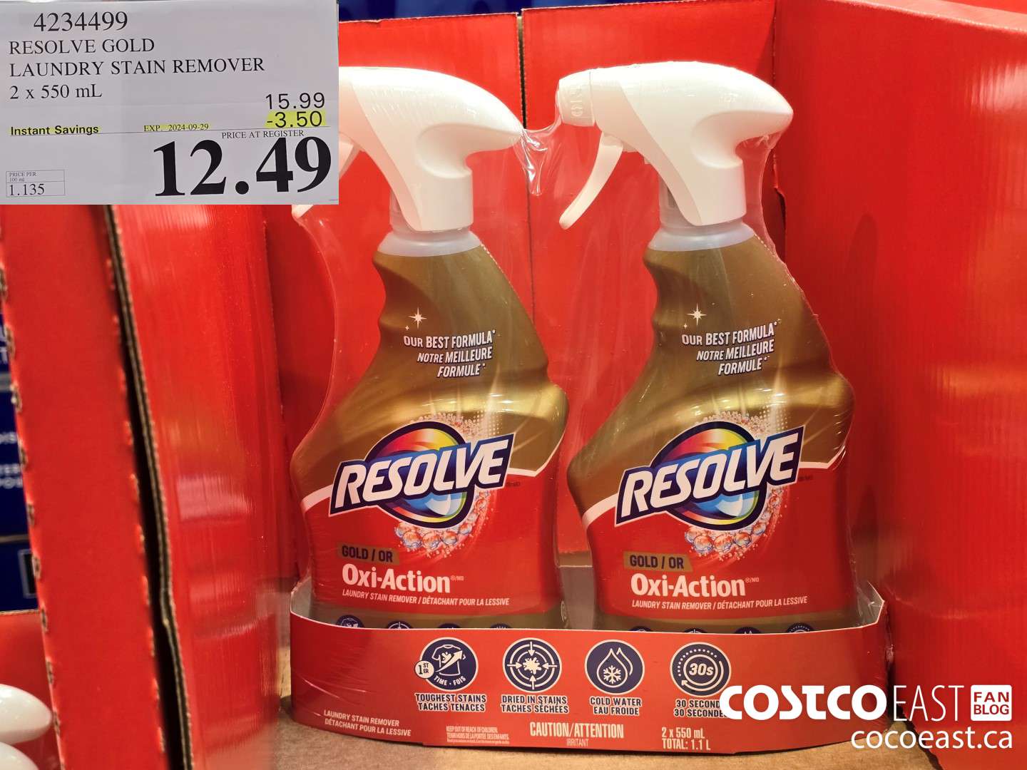 4234499 RESOLVE GOLD LAUNDRY STAIN REMOVER 2 x 550 mL ($3.50 INSTANT SAVINGS EXPIRES ON 2024-09-29) $12.49