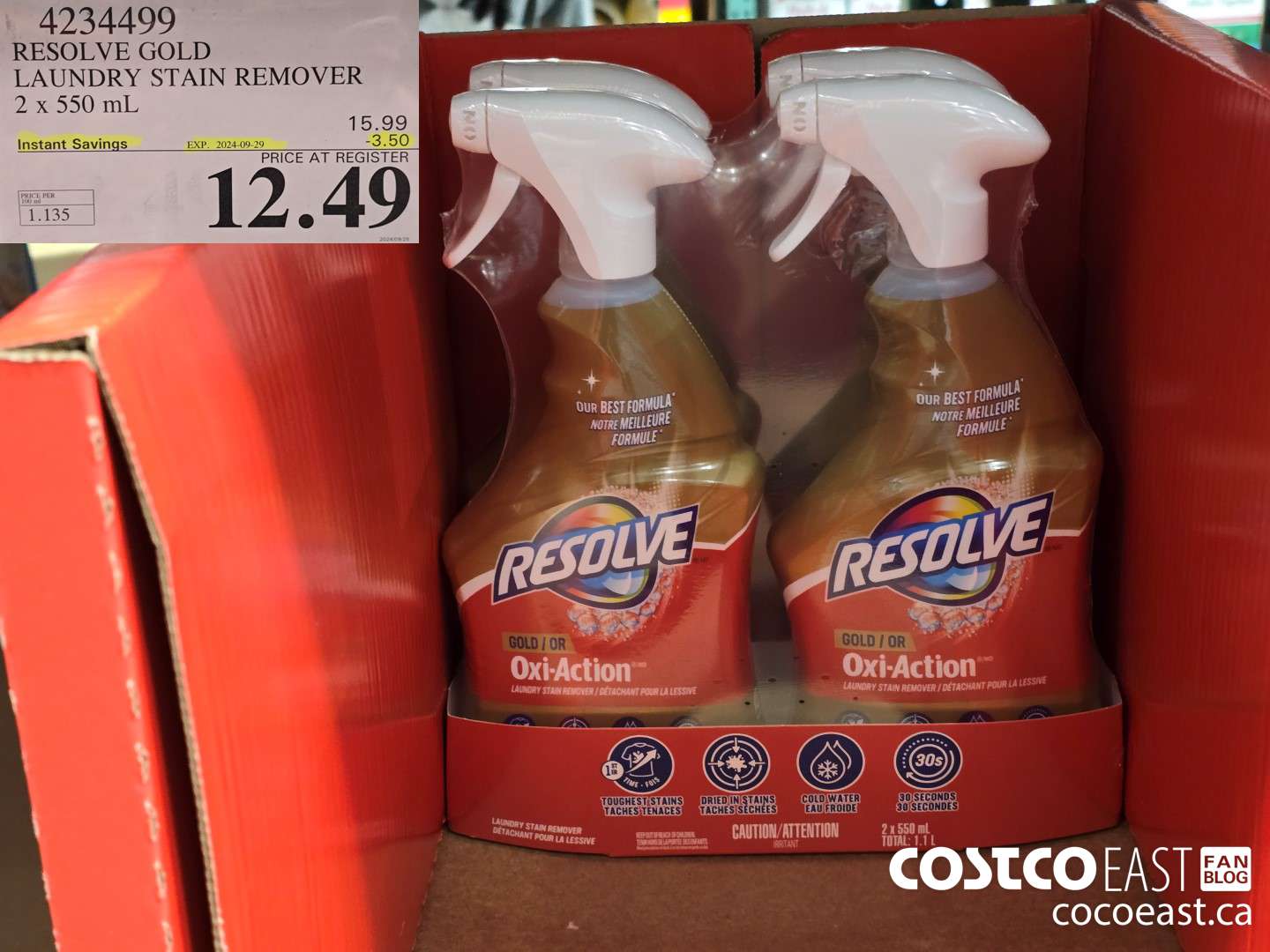 4234499 RESOLVE GOLD LAUNDRY STAIN REMOVER 2 x 550 mL ($3.50 INSTANT SAVINGS EXPIRES ON 2024-09-29) $12.49