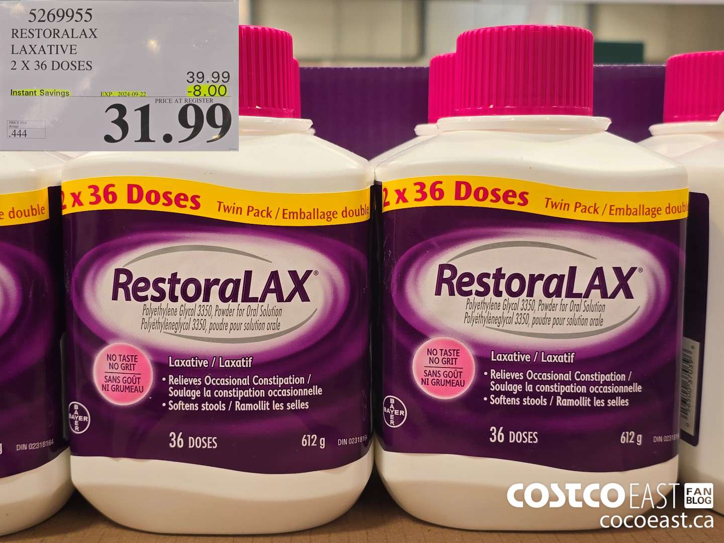 5269955 RESTORALAX LAXATIVE 2X36 DOSES ($8.00 INSTANT SAVINGS EXPIRES ON 2024-09-22) $31.99