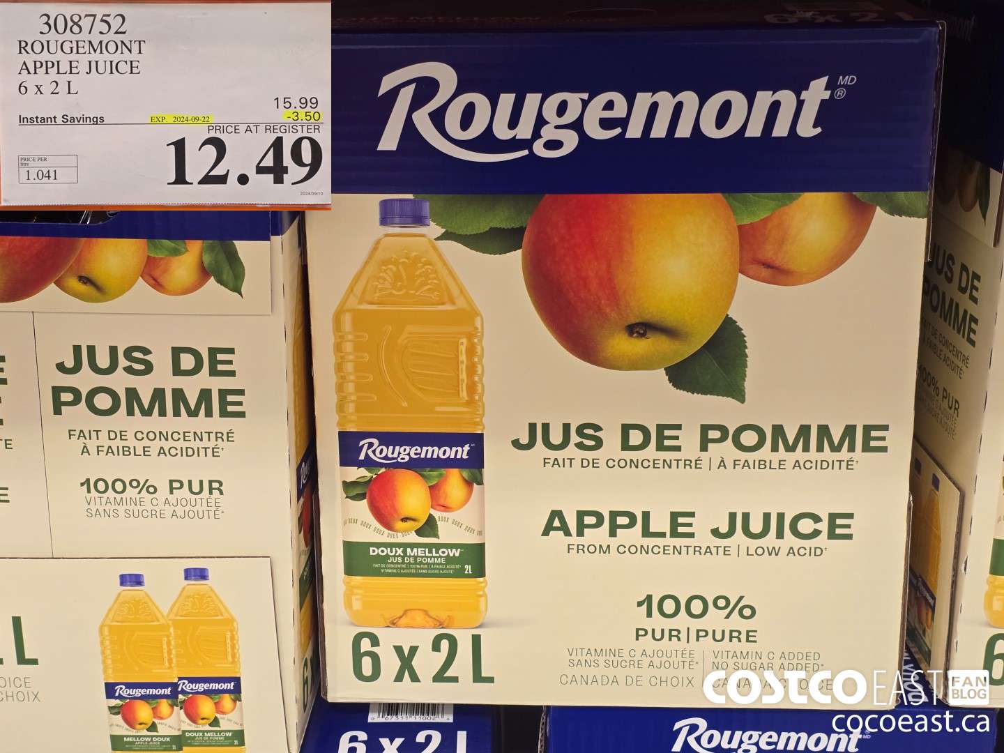 308752 ROUGEMONT APPLE JUICE 6 X 2 L ($3.50 INSTANT SAVINGS EXPIRES ON 2024-09-22) $12.49