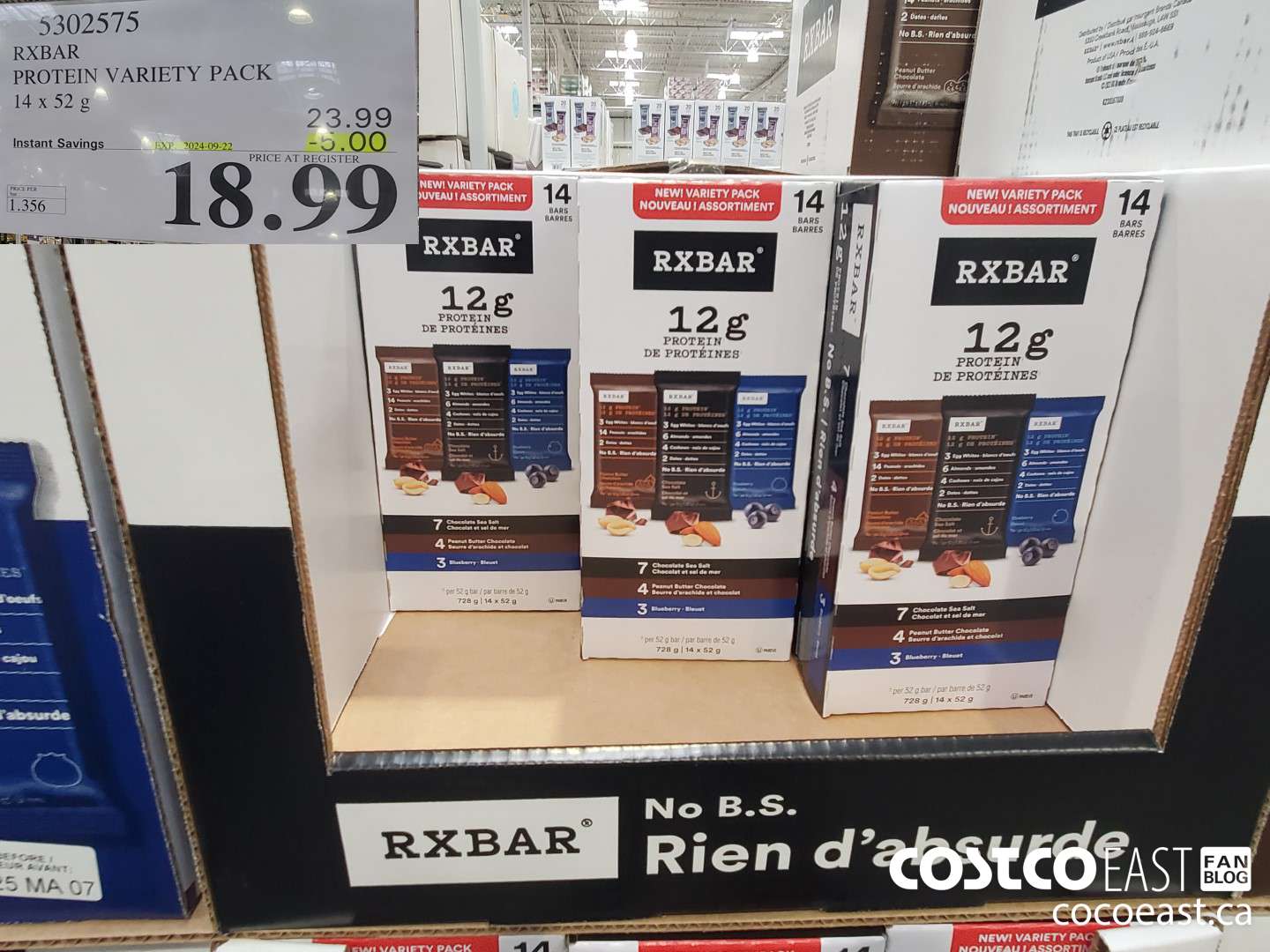 5302575 RXBAR PROTEIN VARIETY PACK 14 x 52 G ($5.00 INSTANT SAVINGS EXPIRES ON 2024-09-22) $18.99