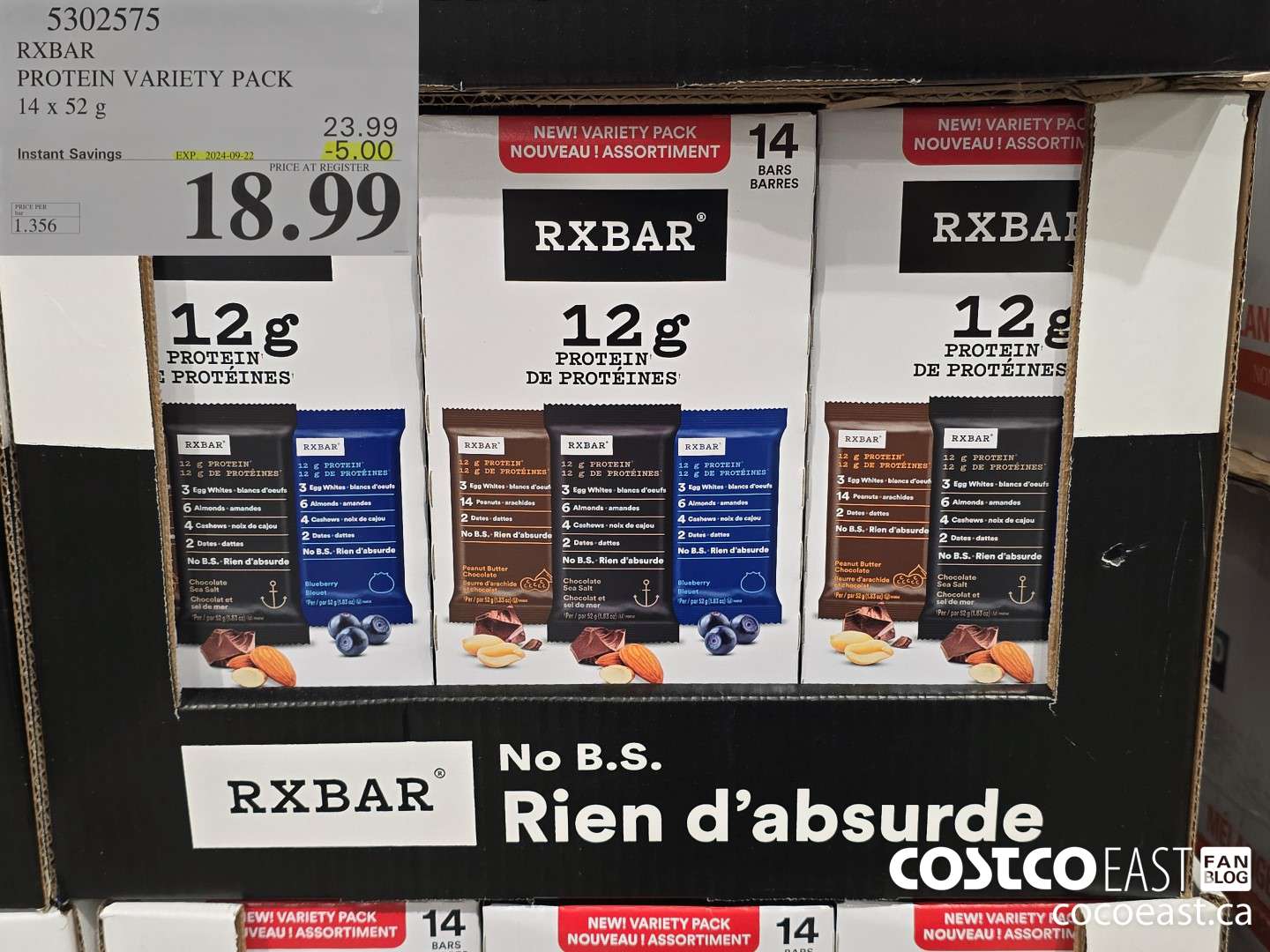 5302575 RXBAR PROTEIN VARIETY PACK 14 x 52 G ($5.00 INSTANT SAVINGS EXPIRES ON 2024-09-22) $18.99