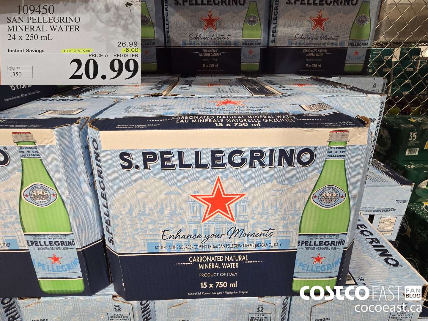 109450 SAN PELLEGRINO MINERAL WATER 24 x 250 mL ($6.00 INSTANT SAVINGS EXPIRES ON 2024-09-08) $20.99