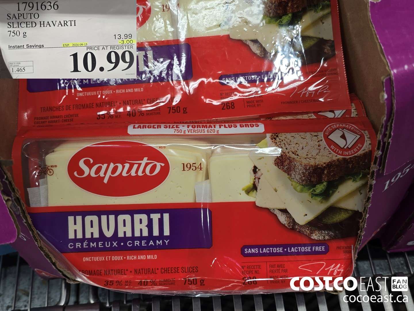 1791636 SAPUTO SLICED HAVARTI 750 g ($3.00 INSTANT SAVINGS EXPIRES ON 2024-09-15) $10.99