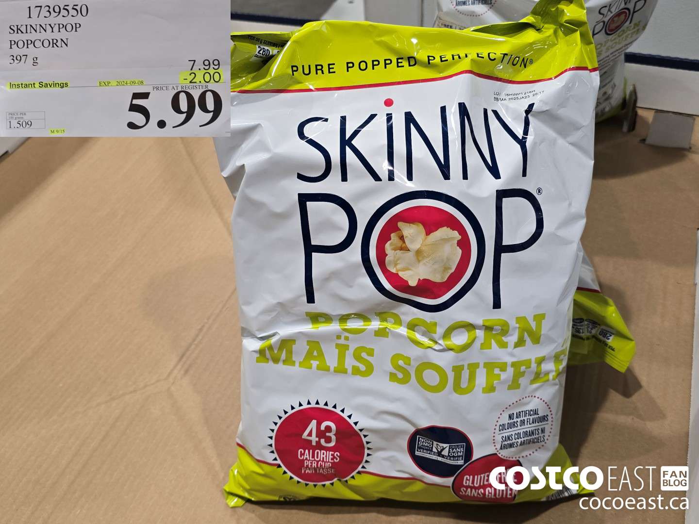 1739550 SKINNYPOP POPCORN 397 G ($2.00 INSTANT SAVINGS EXPIRES ON 2024-09-08) $5.99