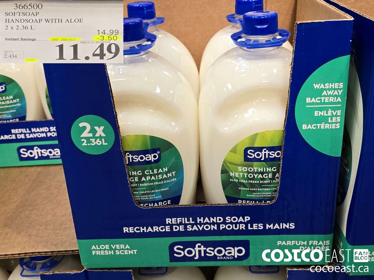 366500 SOFTSOAP HANDSOAP WITH ALOE 2 X 2.36 L ($3.50 INSTANT SAVINGS EXPIRES ON 2024-10-27) $11.49