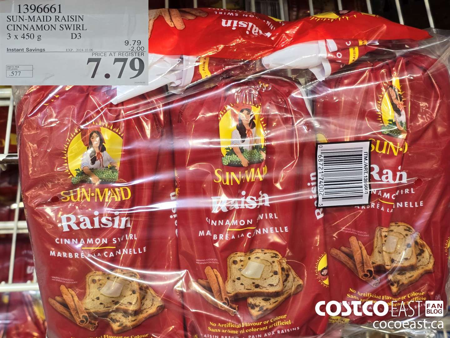 1396661 SUN-MAID RAISIN CINNAMON SWIRL 3 x 450 g ($2.00 INSTANT SAVINGS EXPIRES ON 2024-10-06) $7.79