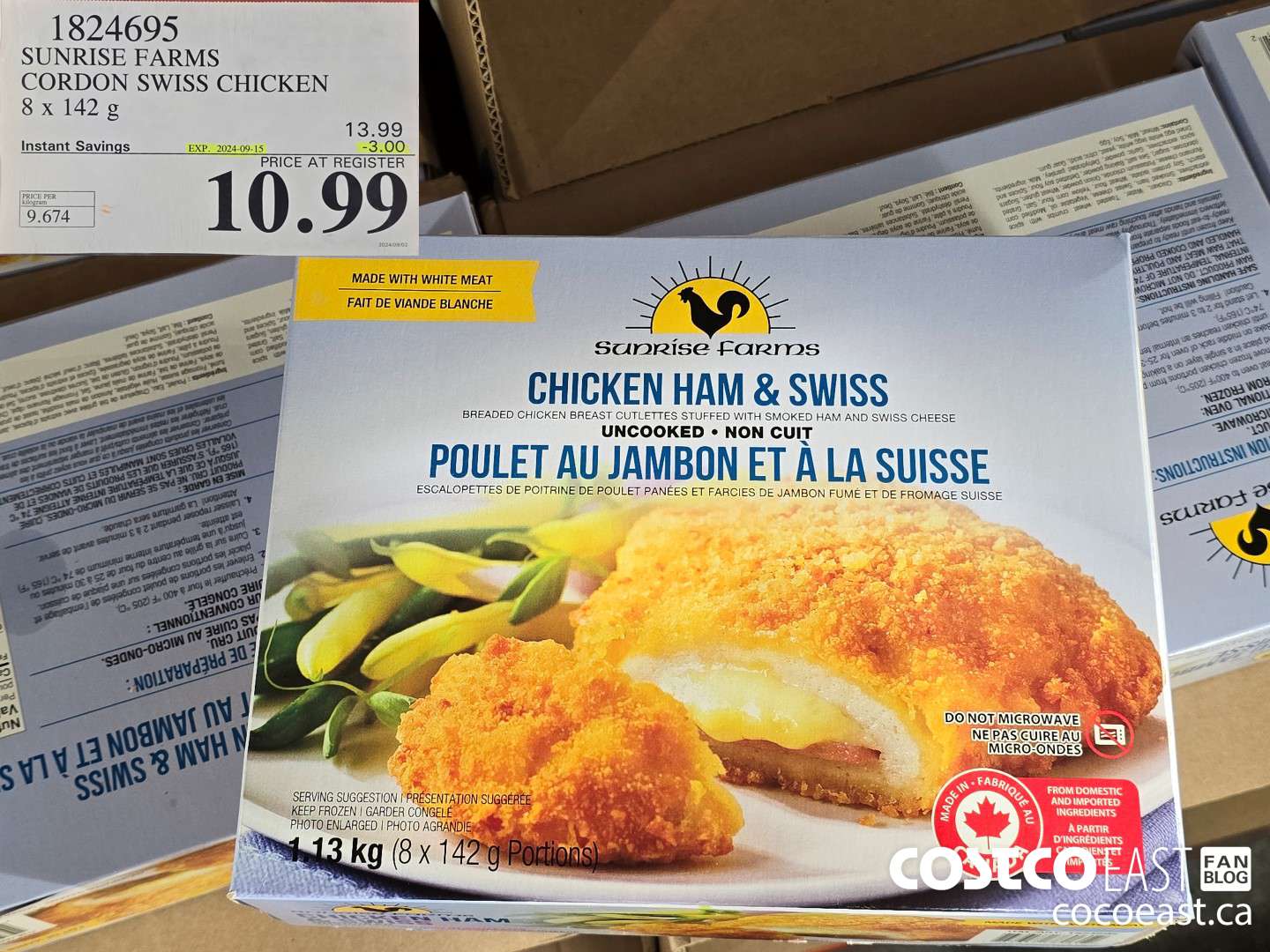 1824695 SUNRISE FARMS CORDON SWISS CHICKEN 8 X 142 G ($3.00 INSTANT SAVINGS EXPIRES ON 2024-09-15) $10.99