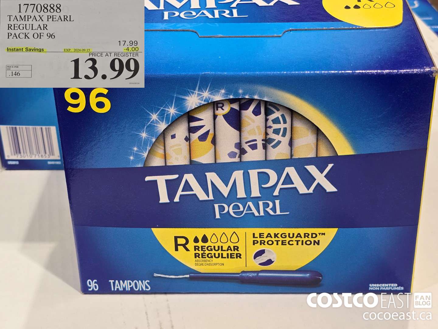 1770888 TAMPAX PEARL REGULAR PACK OF 96 ($4.00 INSTANT SAVINGS EXPIRES ON 2024-09-15) $13.99