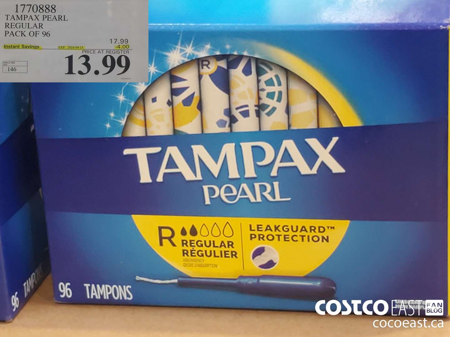 1770888 TAMPAX PEARL REGULAR PACK OF 96 ($4.00 INSTANT SAVINGS EXPIRES ON 2024-09-15) $13.99