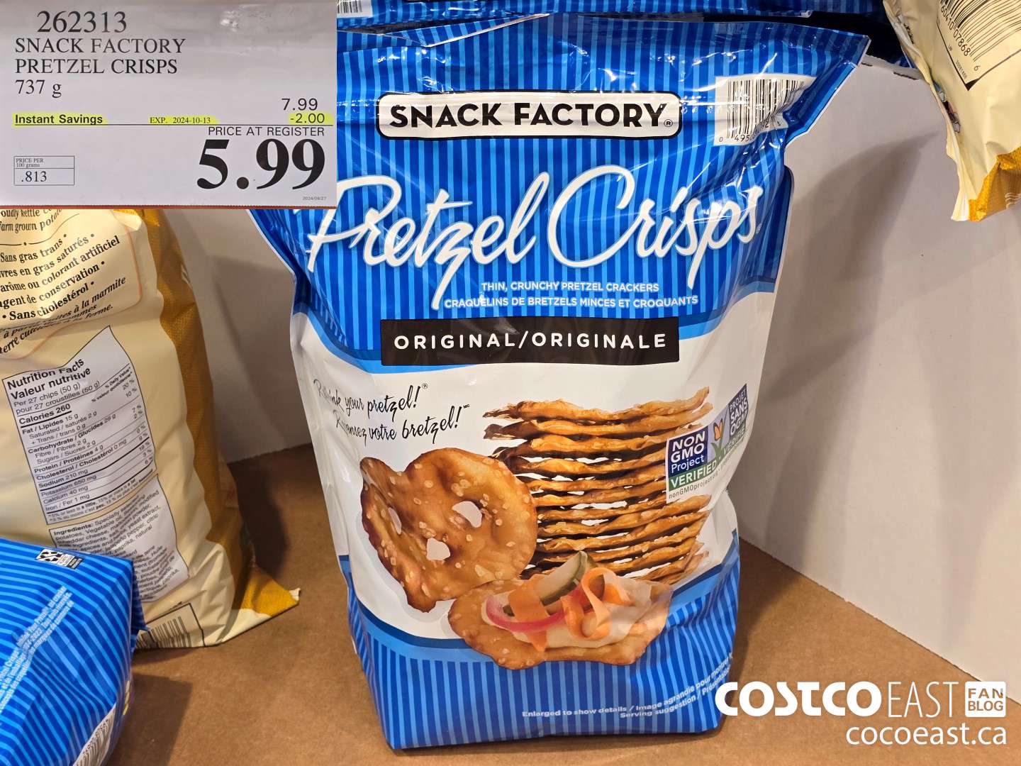 262313 THE SNACK FACTORY PRETZEL CRISPS 737 G ($2.00 INSTANT SAVINGS EXPIRES ON 2024-10-13) $5.99