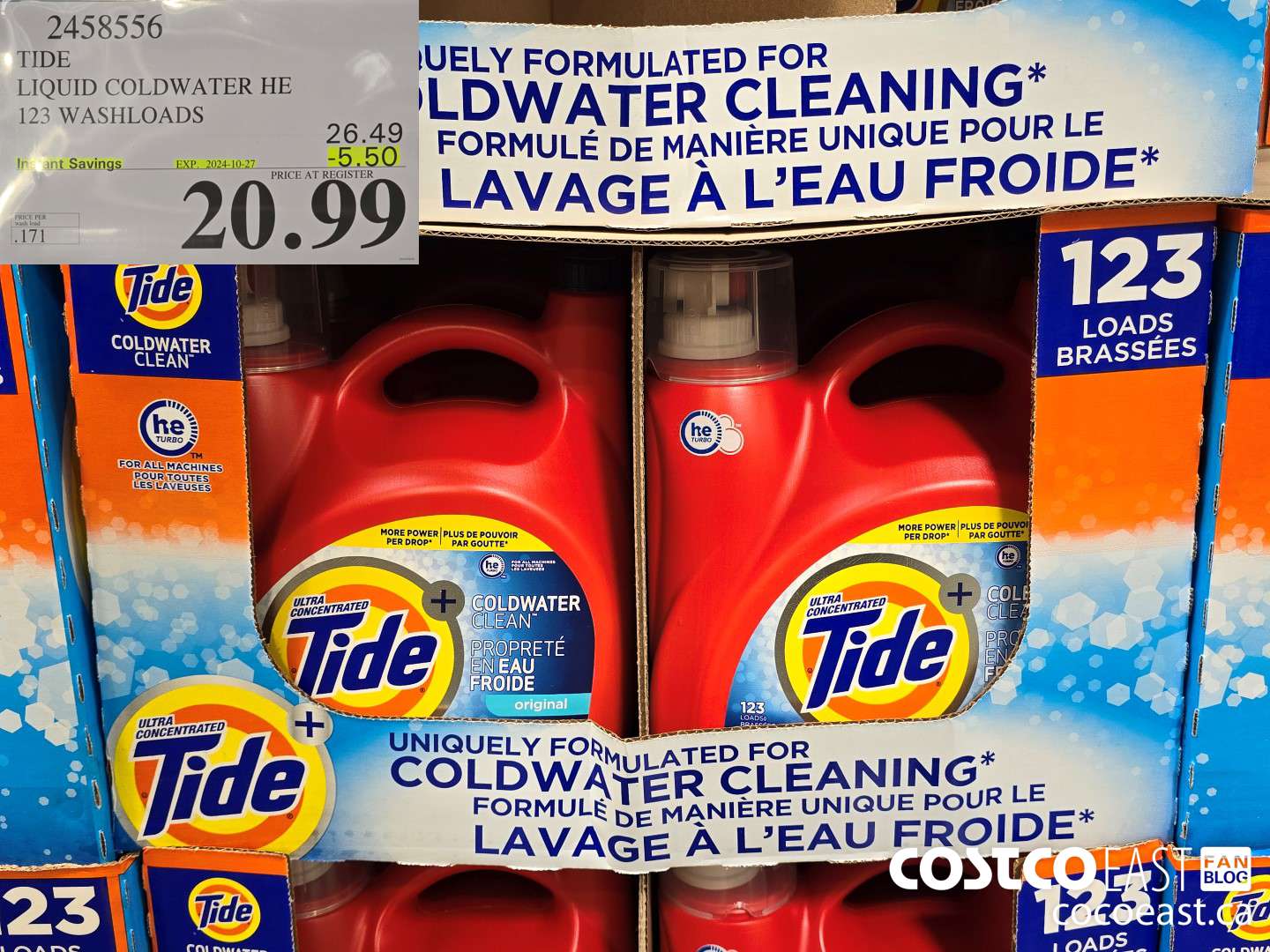 2458556 TIDE LIQUID COLDWATER HE 123 WASHLOADS ($5.50 INSTANT SAVINGS EXPIRES ON 2024-10-27) $20.99