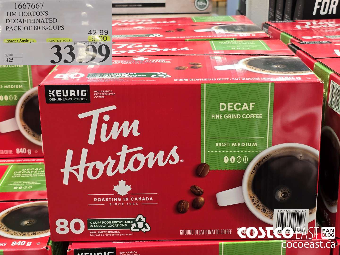 1667667 TIM HORTONS DECAFFEINATED PACK OF 80 K-CUPS ($9.00 INSTANT SAVINGS EXPIRES ON 2024-09-15) $33.99