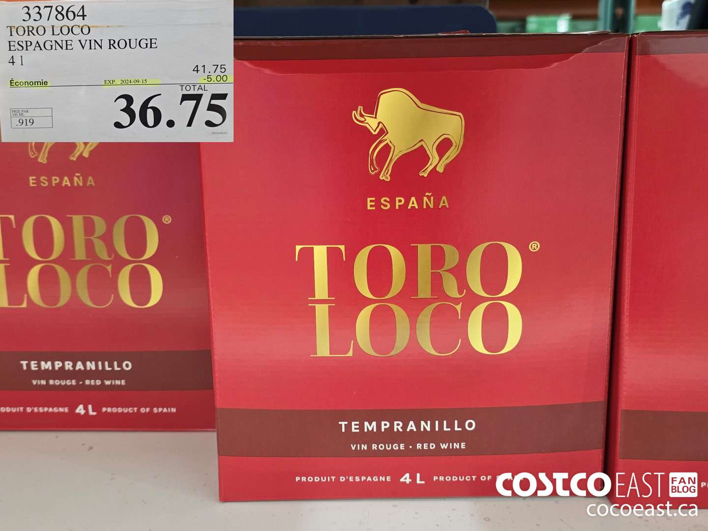 337864 TORO LOCO ESPAGNE VIN ROUGE 4L ($5.00 INSTANT SAVINGS EXPIRES ON 2024-09-15) $36.75