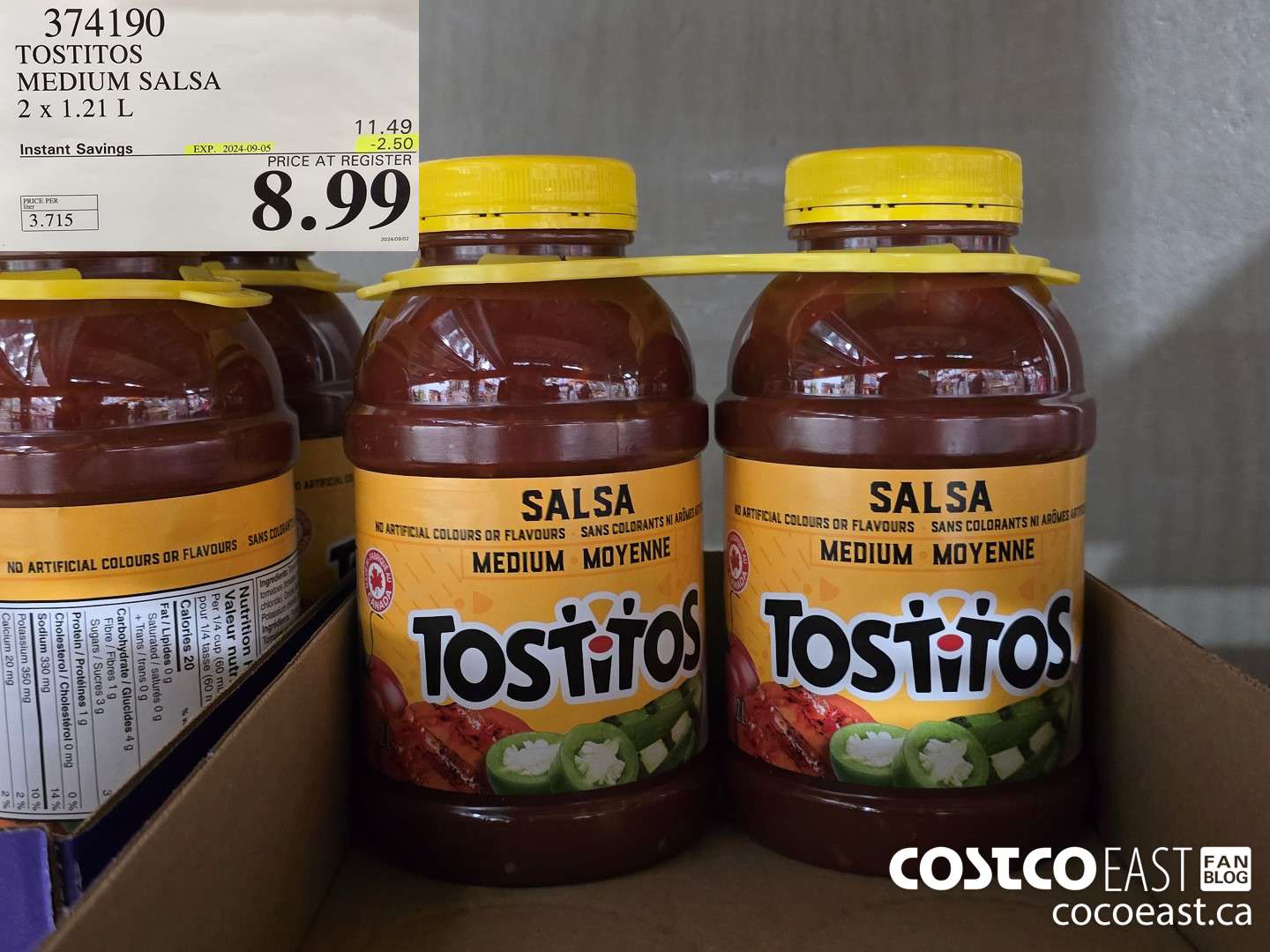374190 TOSTITOS MEDIUM SALSA 2 X 1.21 L ($2.50 INSTANT SAVINGS EXPIRES ON 2024-09-05) $8.99